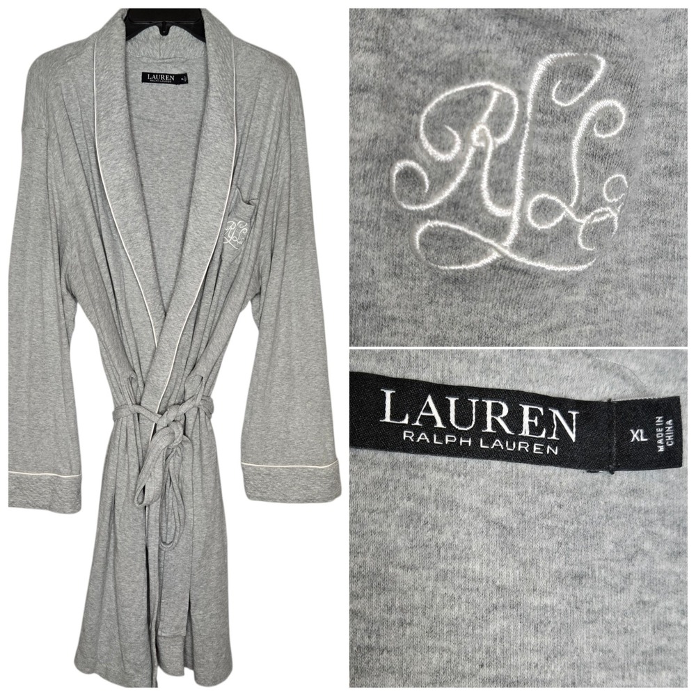Lauren Ralph Lauren Robe Gray Shawl Collar XL Quilted Monogram LRL Black Label